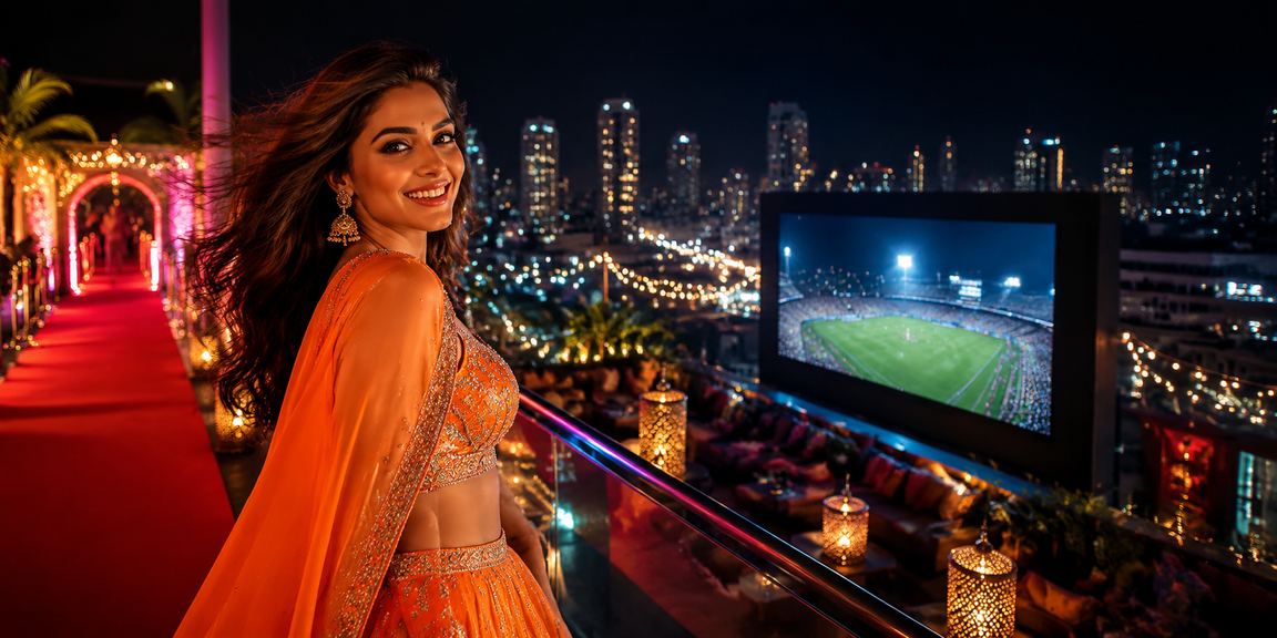Bustling Indian market scene with cricket and betting highlights